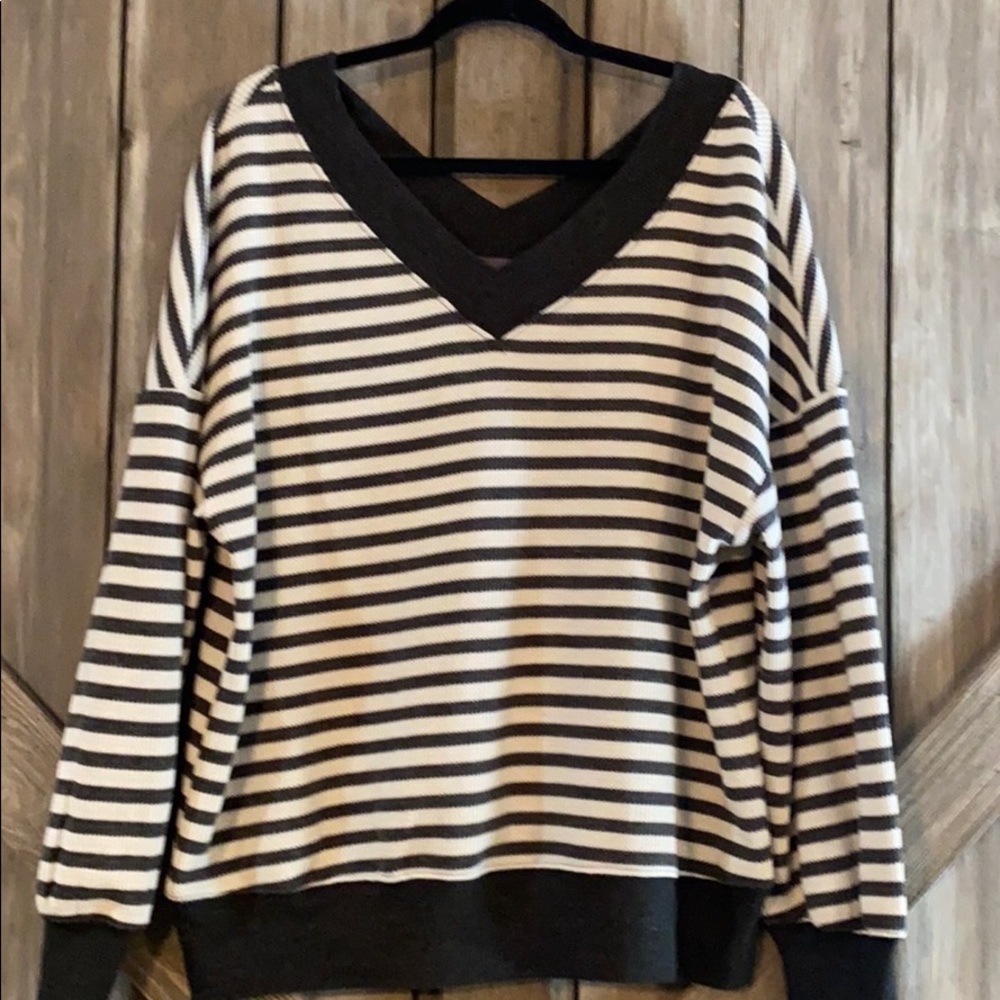 Charcoal & white striped waffle boutique style top